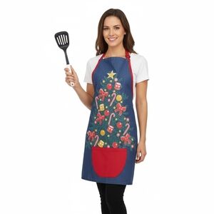 Hatley Festive Denim Apron Christmas Tree Pocket Kitchen Cooking Baking Blue Red